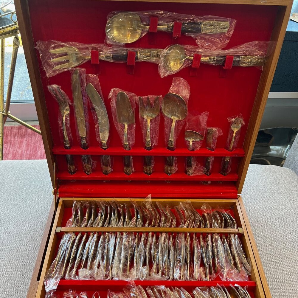 Vintage Bronze and Nickle flatware with wooden case